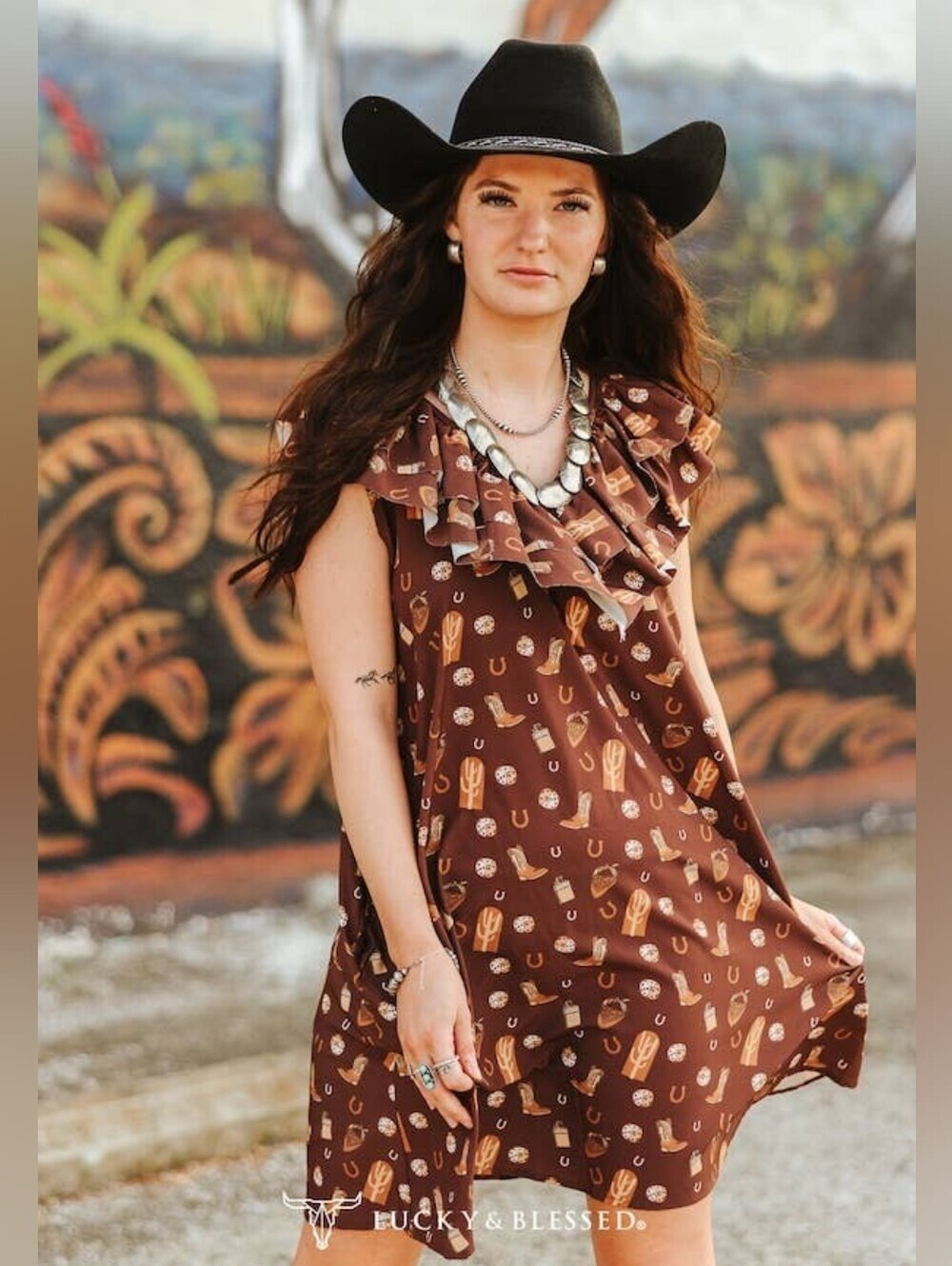 NEW LUCKY & BLESSED Brown Double Ruffle CrissCross Back Detail Side Pocket Dress